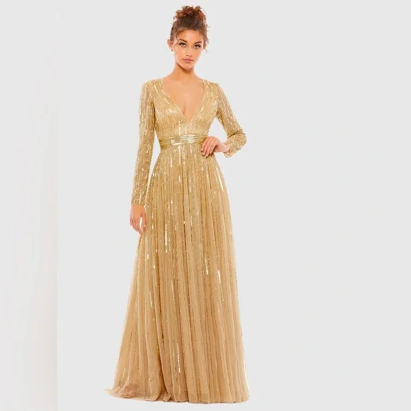 MAC DUGGAL Gold Sequined V Neck Illusion Sleeve A Line Gown Style # 4977 - Picture 2 of 4